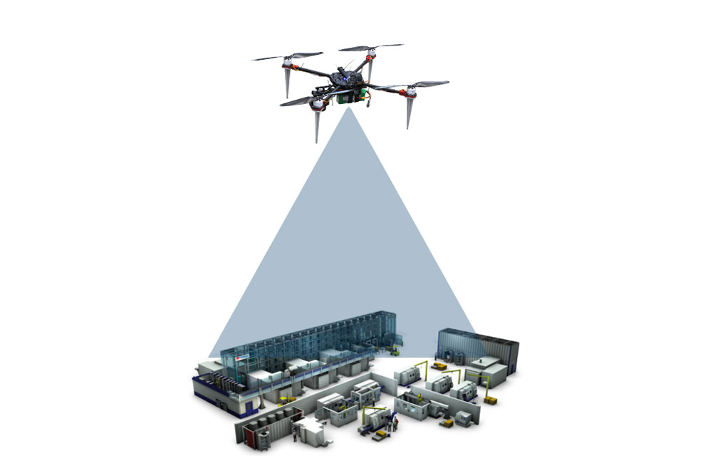 Die Drohne überfliegt die Fabrikhalle und scannt die Anlage